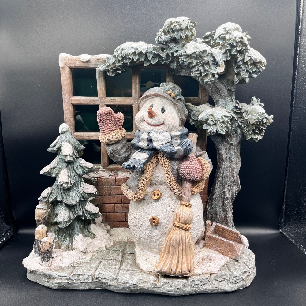 Large Snowman‎ Figurine by Window w/ Christmas Tree Vtg Resin Holiday 16"x16"x8"